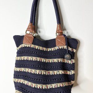 The Sak Cambria Large Crochet Navy Tote with Woven Trim Detail Key Fob